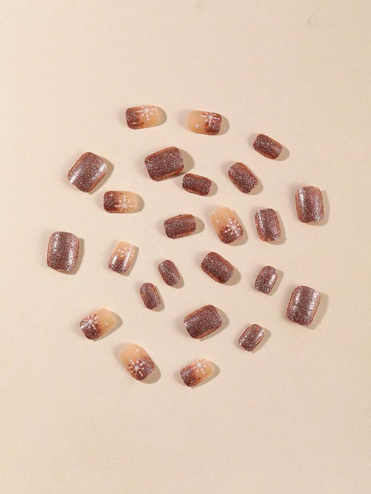 24pcs Short Square Champagne Glitter Christmas Press On Nails, Snowflake Full Cover Holiday False Nails For Women Nail Art Supplies