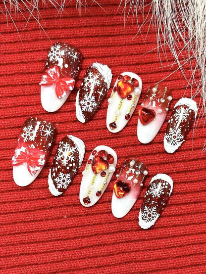 10pcs Medium Oval Press On Nails, Red And White Christmas Theme With Snowflakes Hearts And Bows, Handmade Acrylic Nail Set With Glue & File