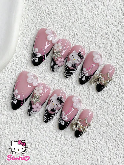 10pcs Sanrio Gothic Press On Nails, Almond Duckbill Square Shapes With Kitty Rhinestones And Zebra Pattern, Kawaii Dark French Nail Set