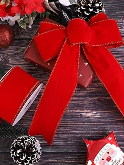 Red Velvet Ribbon with Christmas Tree Decoration, Elegant Holiday Gift Wrapping Ribbon for Birthday, Wedding, or Festive Packaging