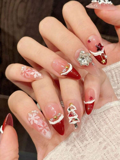 10pcs Merry Christmas Press On Nails, Almond Nude Base Red Ombre Tips With Snowflake And Gold Star Design, Cute Holiday Nail Set Gift