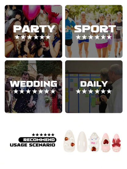 24pcs Medium Almond Press On Nails, 3D Cute Kitty And Puppy Design With Pearl Bow Heart Gems, Sweet Nail Set For Women Date Party Wear