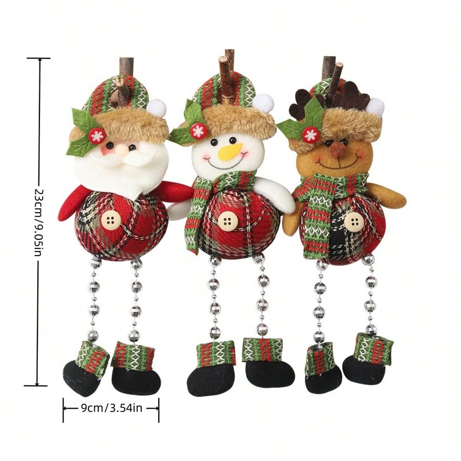 3pcs Felt Christmas Hanging Ornaments, Plaid Bead Leg Pendants with Cute Cartoon Designs, Perfect for Tree, Window, and Home Holiday Decorations