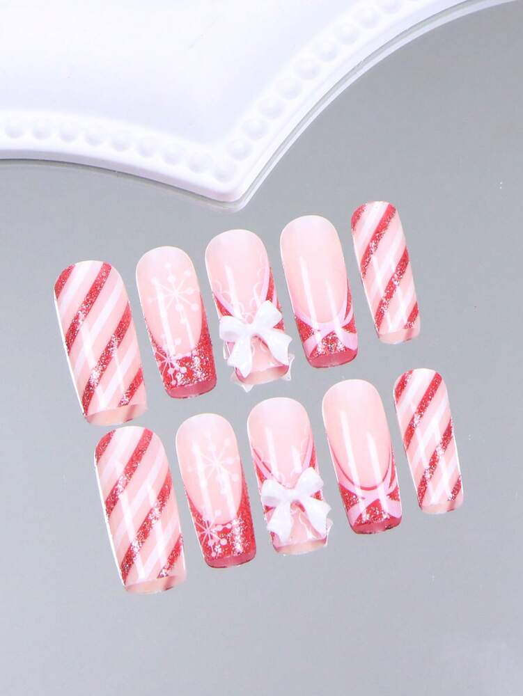 24pcs Long Ballet Christmas Press On Nails, White Snowflakes And Gingerbread Bow Design, 3D Acrylic False Nails For Women Holiday Gift