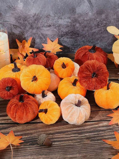 12pcs Faux Velvet Mini Pumpkins, Farmhouse Fall Decorations, Assorted Soft Fabric Pumpkins for Thanksgiving Table & Home Decor