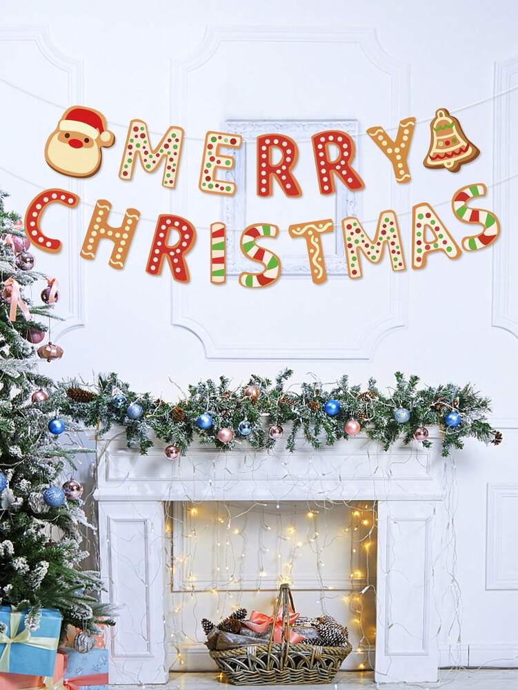 Merry Christmas Pennant Flag Banner, Santa Claus and Gingerbread Design, Festive Party Garland for Holiday Celebrations and Home Decor