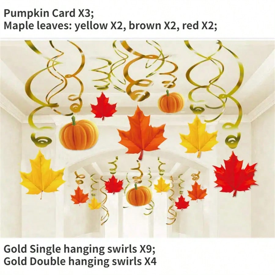 Thanksgiving Hanging Swirl Decorations (22pcs), Autumn Pumpkin and Maple Leaf Party Ornaments for Home, Classroom, or Office Fall Holiday Decor