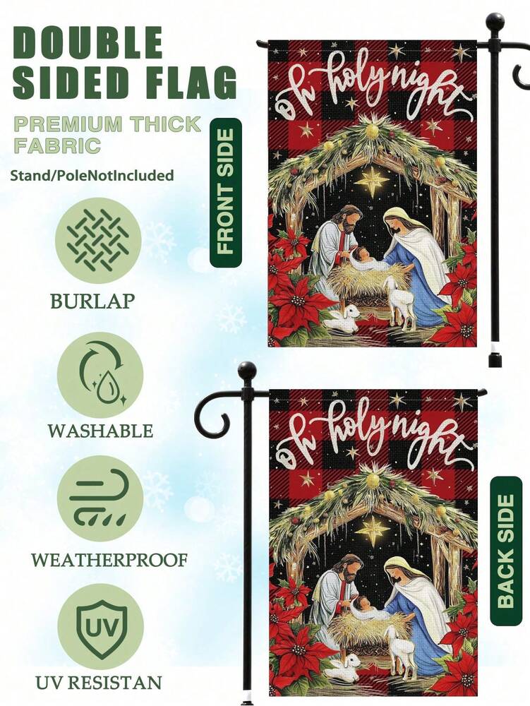 Christmas Night Garden Flag 12x18 inch, Double-Sided Linen Yard Flag with Jesus and Red Plaid Design, Festive Farmhouse Outdoor Winter Decoration
