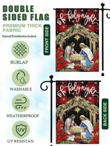 Christmas Night Garden Flag 12x18 inch, Double-Sided Linen Yard Flag with Jesus and Red Plaid Design, Festive Farmhouse Outdoor Winter Decoration
