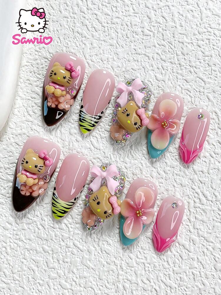 10pcs Sanrio Autumn Press On Nails, Duckbill Almond Coffin Mix With Brown Kitty And Gradient Pink Diamond Nails, Luxury Rhinestone Nail Set