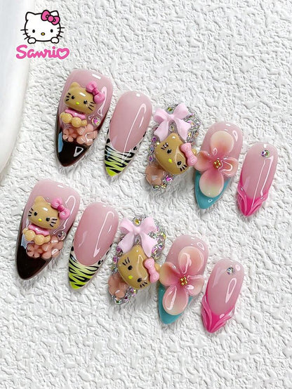 10pcs Sanrio Autumn Press On Nails, Duckbill Almond Coffin Mix With Brown Kitty And Gradient Pink Diamond Nails, Luxury Rhinestone Nail Set