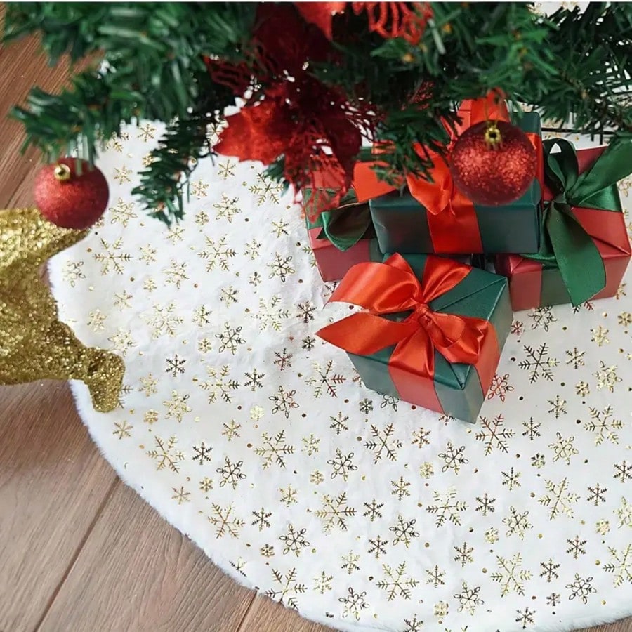 35-Inch White Plush Christmas Tree Skirt, Thick Velvet Tree Base Blanket with Lace Trim, Also Available in 60/90cm, Elegant Holiday Home Decor