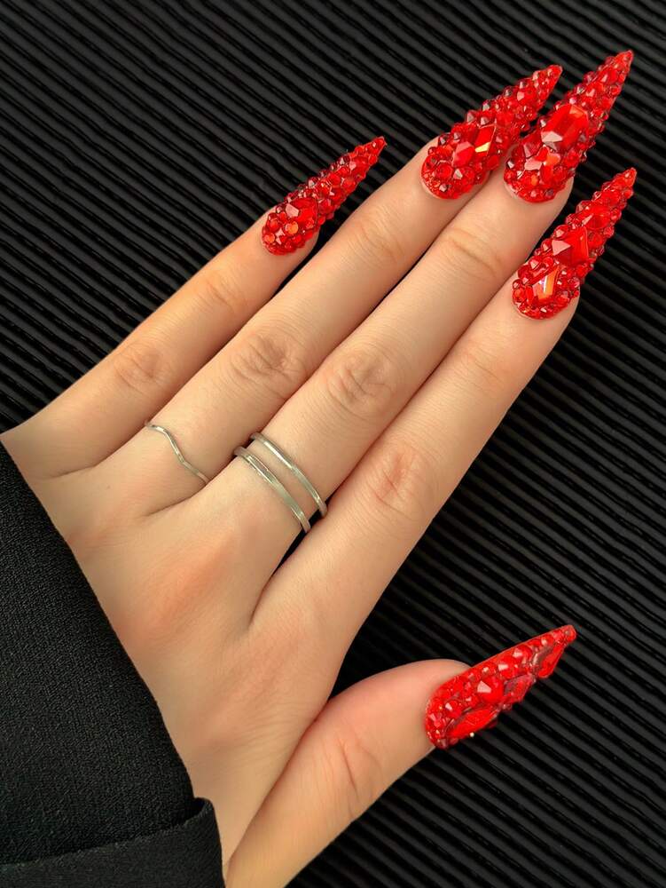 10pcs Long Stiletto Press On Nails, Red Rhinestone Glitter Nail Tips, Handmade 3D Shiny Acrylic Nails For Women Party Or DIY Manicure