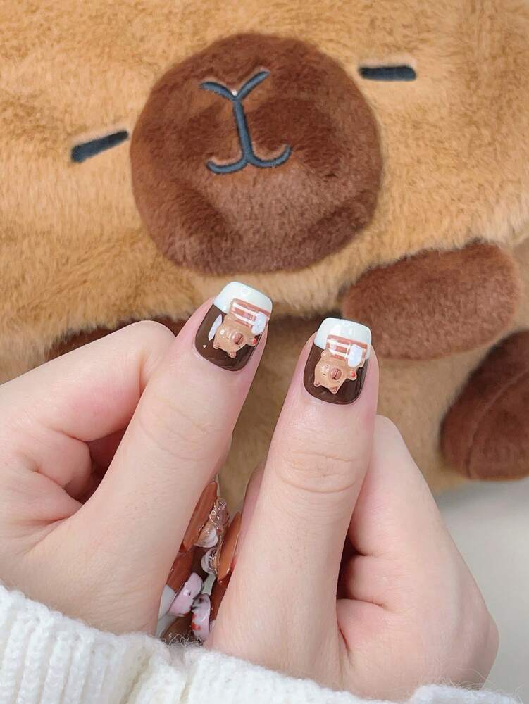 10pcs Short Trapezoid Press On Nails, Brown And White Capybara Design, Cute Handmade Acrylic Nails For Women Daily School Or Party Wear