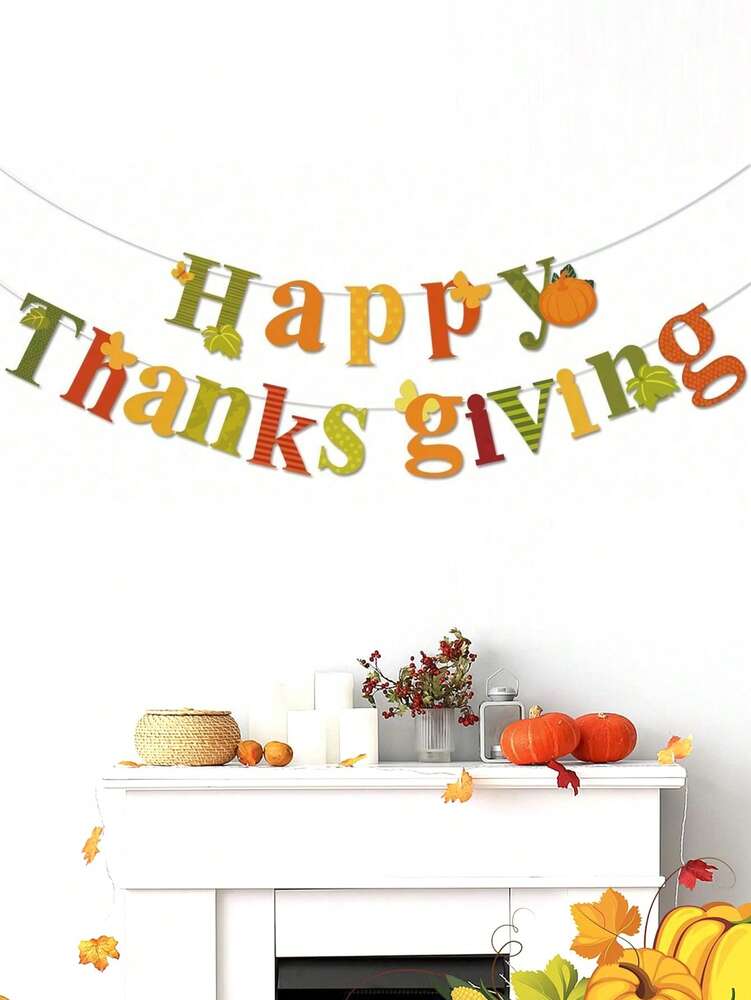 Happy Thanksgiving Autumn Banner, Festive Party Decoration with Pumpkins and Leaves, Perfect Fall Season Home or Table Display