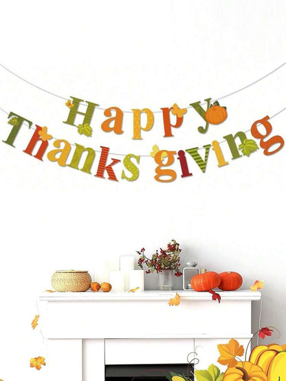 Happy Thanksgiving Autumn Banner, Festive Party Decoration with Pumpkins and Leaves, Perfect Fall Season Home or Table Display