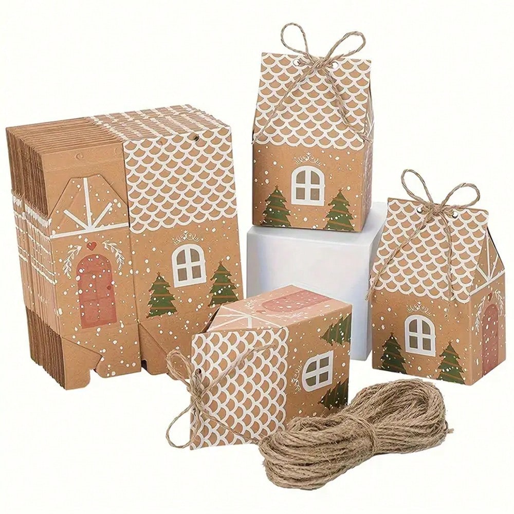 10pcs Kraft Paper Christmas House Gift Boxes, Decorative Packaging Boxes for Holiday Presents, Souvenirs, and Christmas Party Favors