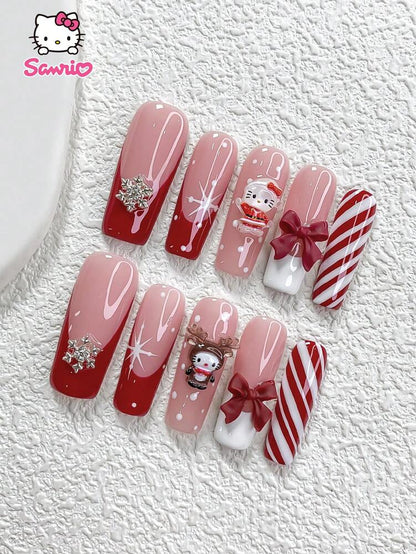 10pcs Sanrio Christmas Press On Nails, 3D Hello Kitty Red Bow And Snowflake Charms, Handmade French Tips For Winter Party Nail Art