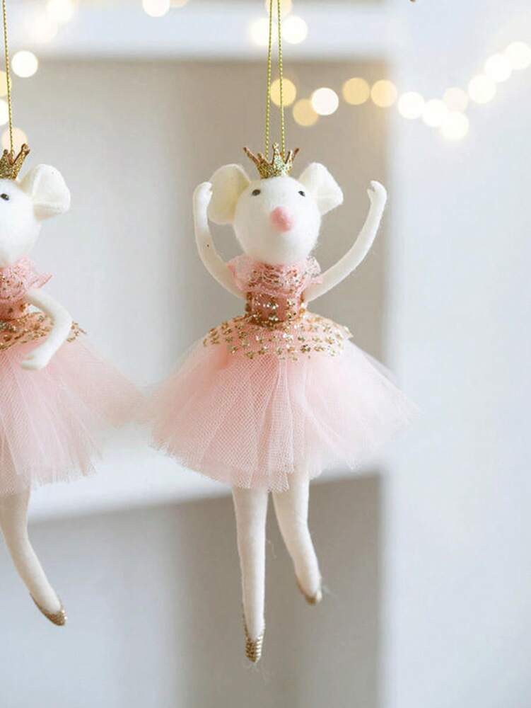 Pink Mesh Skirt Mouse Ornament with Golden Crown, Cute Christmas Tree Pendant, Aesthetic Holiday Decoration for Bedroom, Living Room or Office Decor