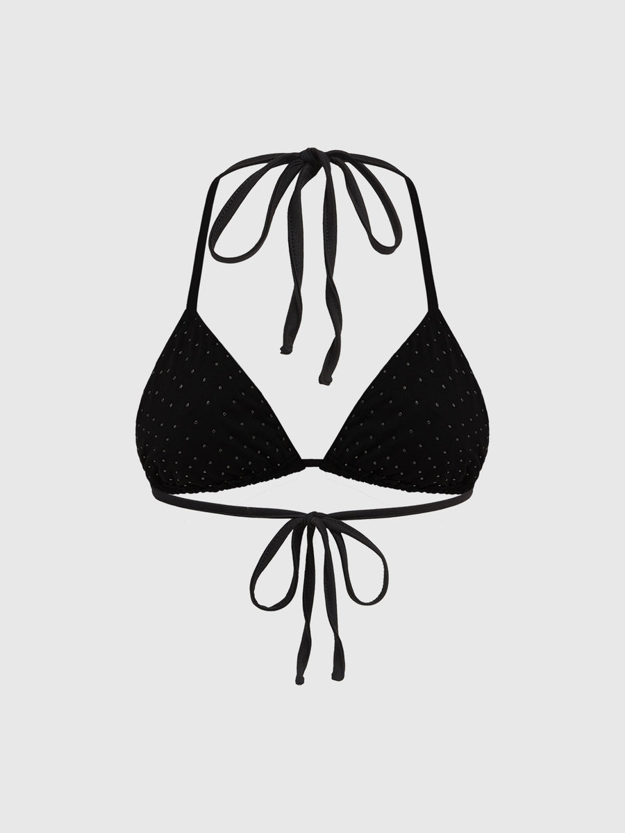 Women's black knitted halter micro crop top featuring studded details, high stretch fabric, and an asymmetrical hem.