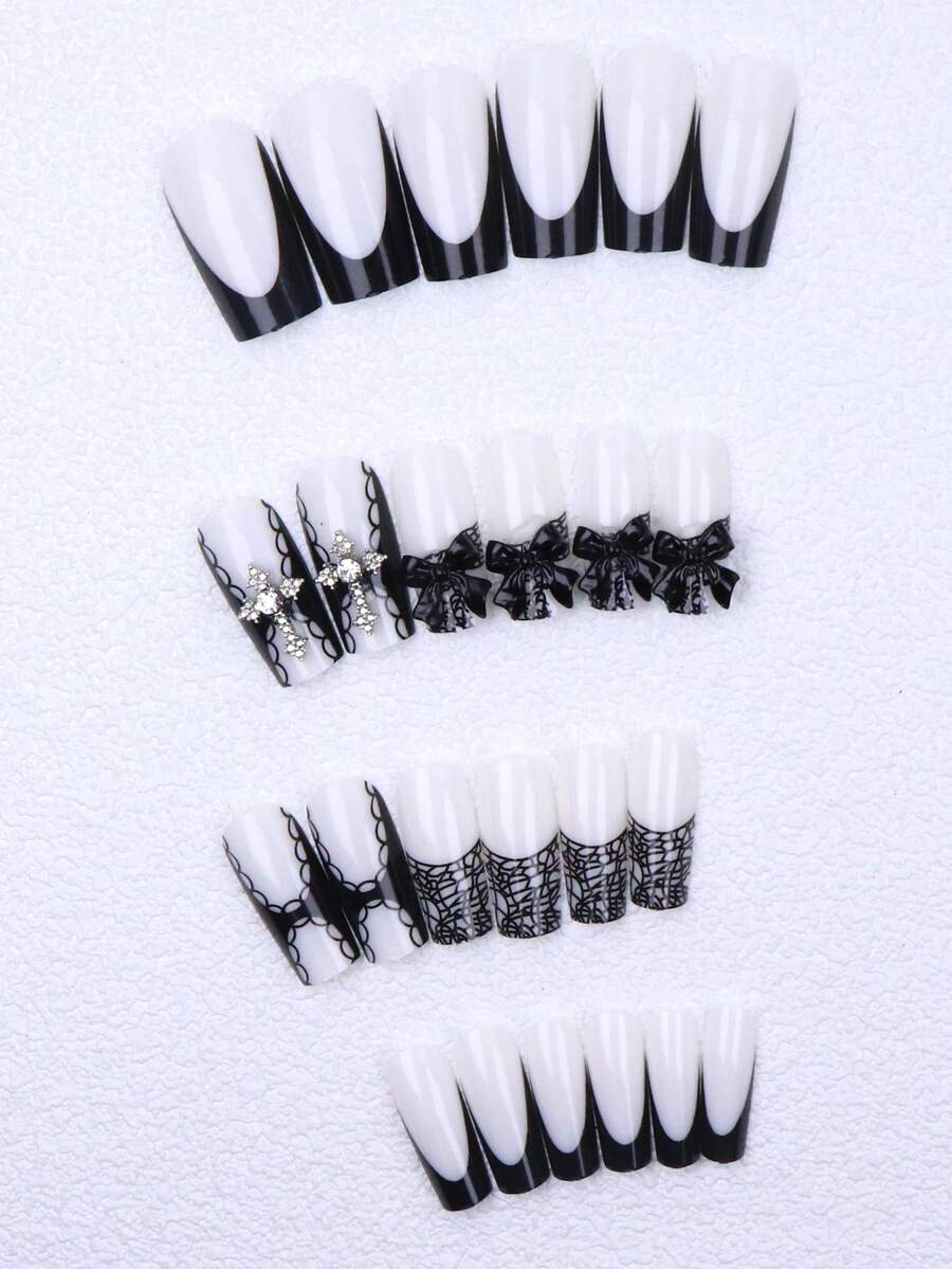 24pcs Long Ballet Christmas Press On Nails, White Snowflakes And Gingerbread Bow Design, 3D Acrylic False Nails For Women Holiday Gift