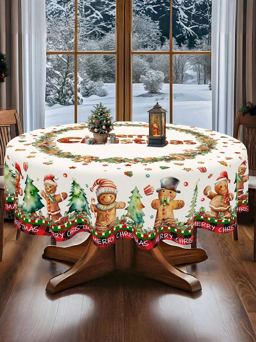 Festive Christmas Tablecloth with Snowman & Reindeer Wreath Design, Polyester Winter Table Cover for Dining Room & Kitchen Holiday Decor