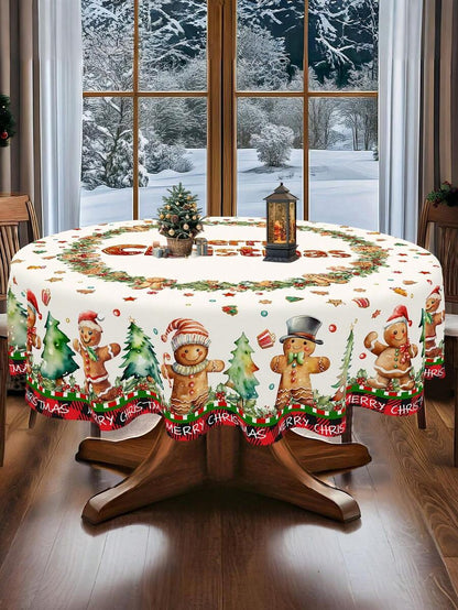Festive Christmas Tablecloth with Snowman & Reindeer Wreath Design, Polyester Winter Table Cover for Dining Room & Kitchen Holiday Decor