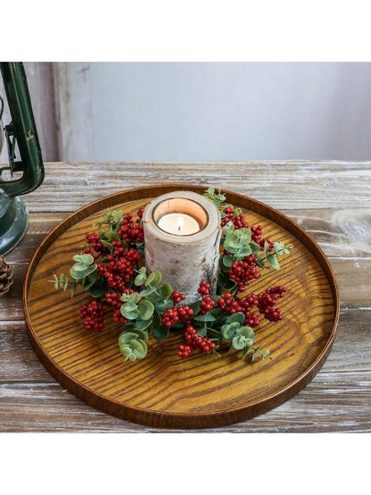 Christmas Candle Ring Holder with Red Flowers, Gold Berries & Greenery, Holiday Table Centerpiece