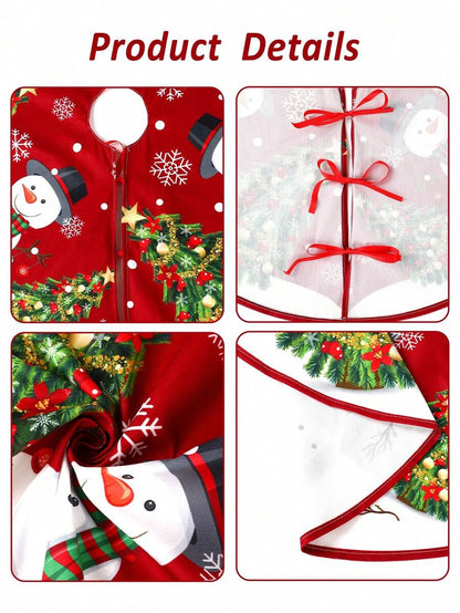 Red & Black Plaid Christmas Tree Skirt, Snowflake Pattern Round Tree Mat, Soft Decorative Base Cover for Living Room & Winter Holiday Home Decor