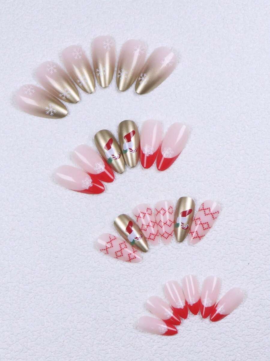 Christmas Long Almond Press On Nails 24pcs, Red French Tips With White Snowflakes And Santa Hat Design, Acrylic False Nails Set For Holiday Or Party