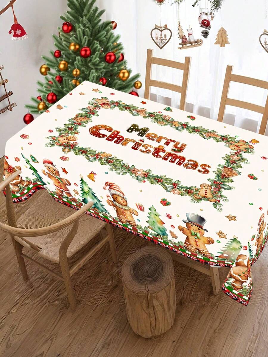 Festive Christmas Tablecloth with Snowman & Reindeer Wreath Design, Polyester Winter Table Cover for Dining Room & Kitchen Holiday Decor