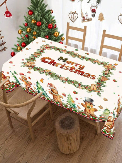 Festive Christmas Tablecloth with Snowman & Reindeer Wreath Design, Polyester Winter Table Cover for Dining Room & Kitchen Holiday Decor