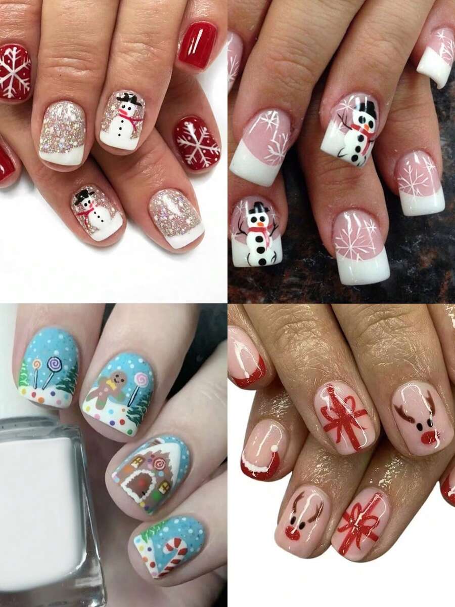 24pcs Christmas Press-On Nails, Short Square Snowman Design with Glitter French Tips, Acrylic False Nail Set with Jelly Glue & File for Holiday Wear