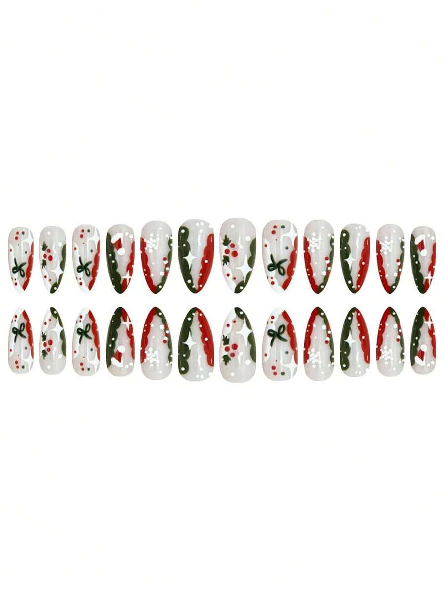 24pcs Almond Christmas Press On Nails, Red Santa Hat Short False Nails, Holiday Nail Set For Women, Office, Date, Party & Everyday Wear