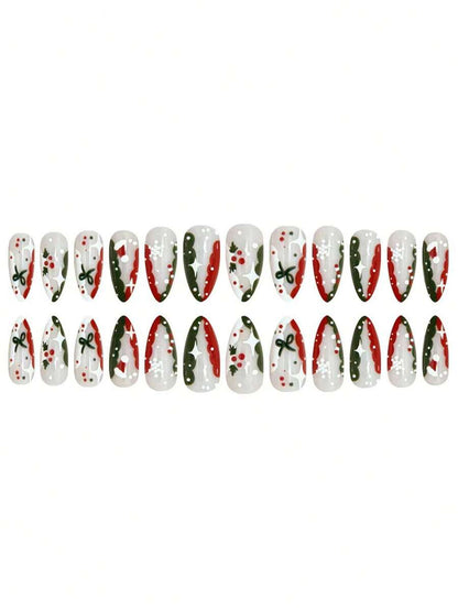 24pcs Almond Christmas Press On Nails, Red Santa Hat Short False Nails, Holiday Nail Set For Women, Office, Date, Party & Everyday Wear