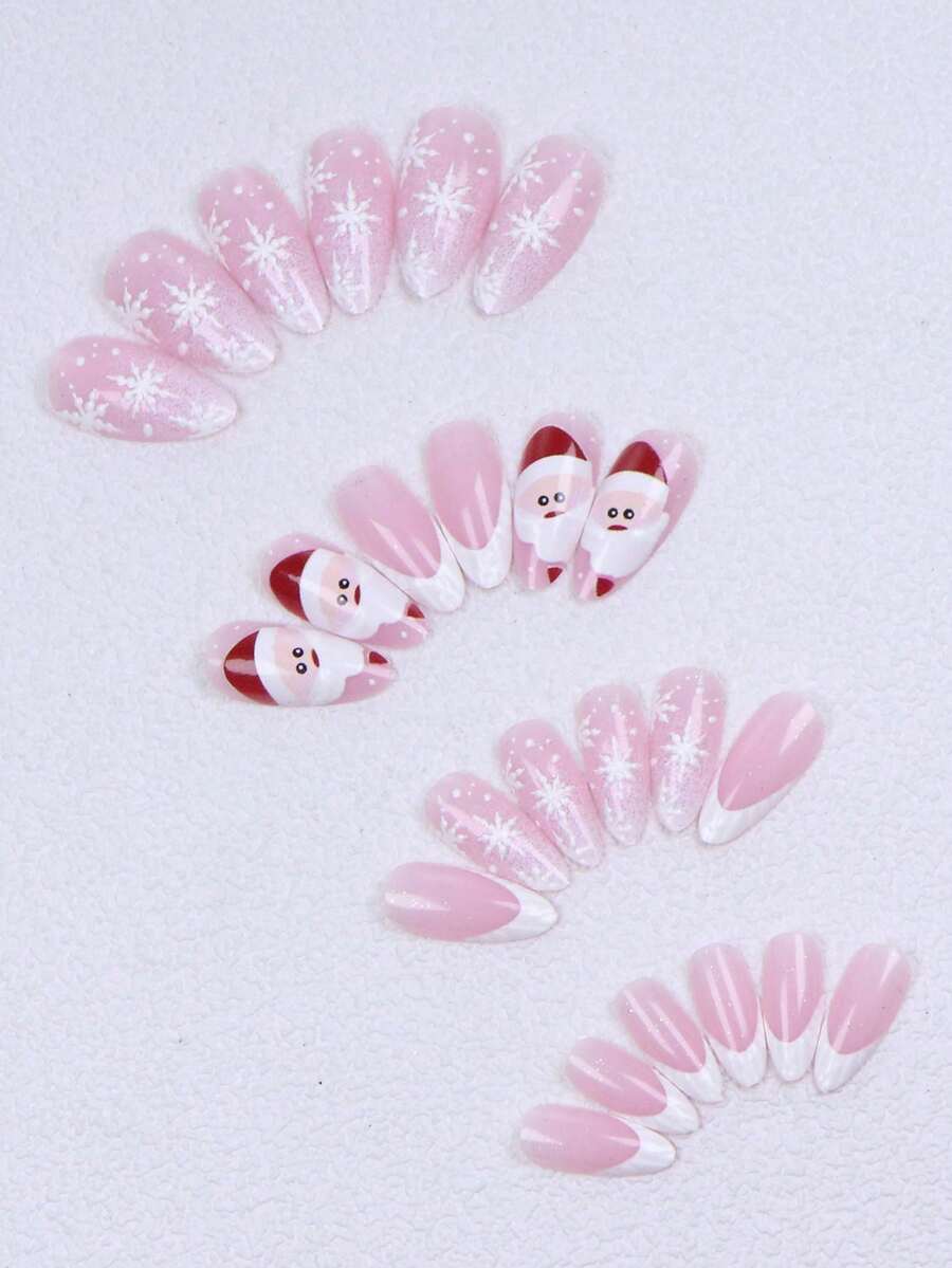 Christmas Long Almond Press On Nails 24pcs, Red French Tips With White Snowflakes And Santa Hat Design, Acrylic False Nails Set For Holiday Or Party