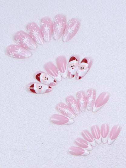 Christmas Long Almond Press On Nails 24pcs, Red French Tips With White Snowflakes And Santa Hat Design, Acrylic False Nails Set For Holiday Or Party