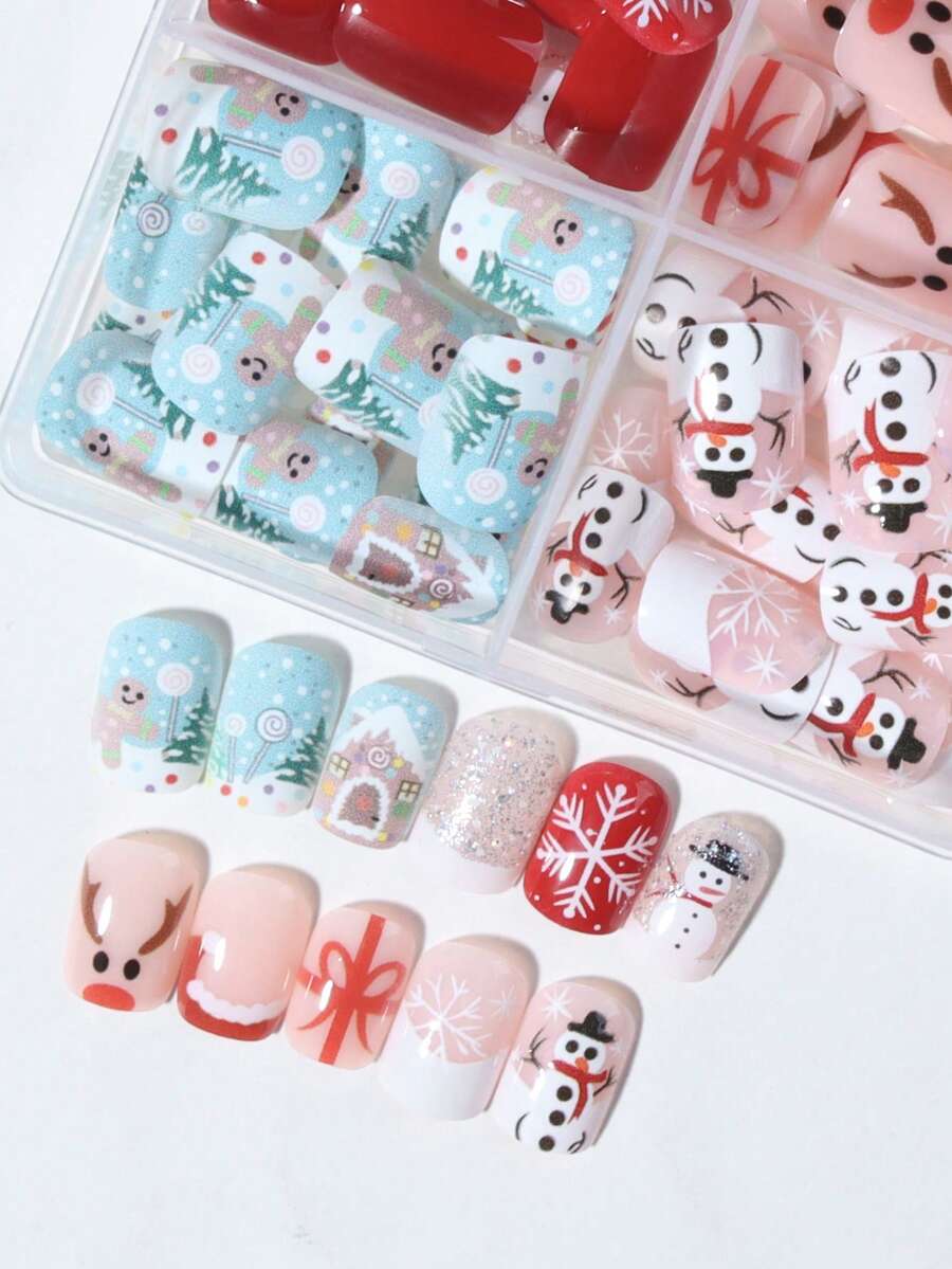 24pcs Christmas Press-On Nails, Short Square Snowman Design with Glitter French Tips, Acrylic False Nail Set with Jelly Glue & File for Holiday Wear