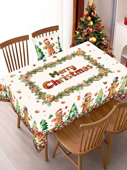Festive Christmas Tablecloth with Snowman & Reindeer Wreath Design, Polyester Winter Table Cover for Dining Room & Kitchen Holiday Decor
