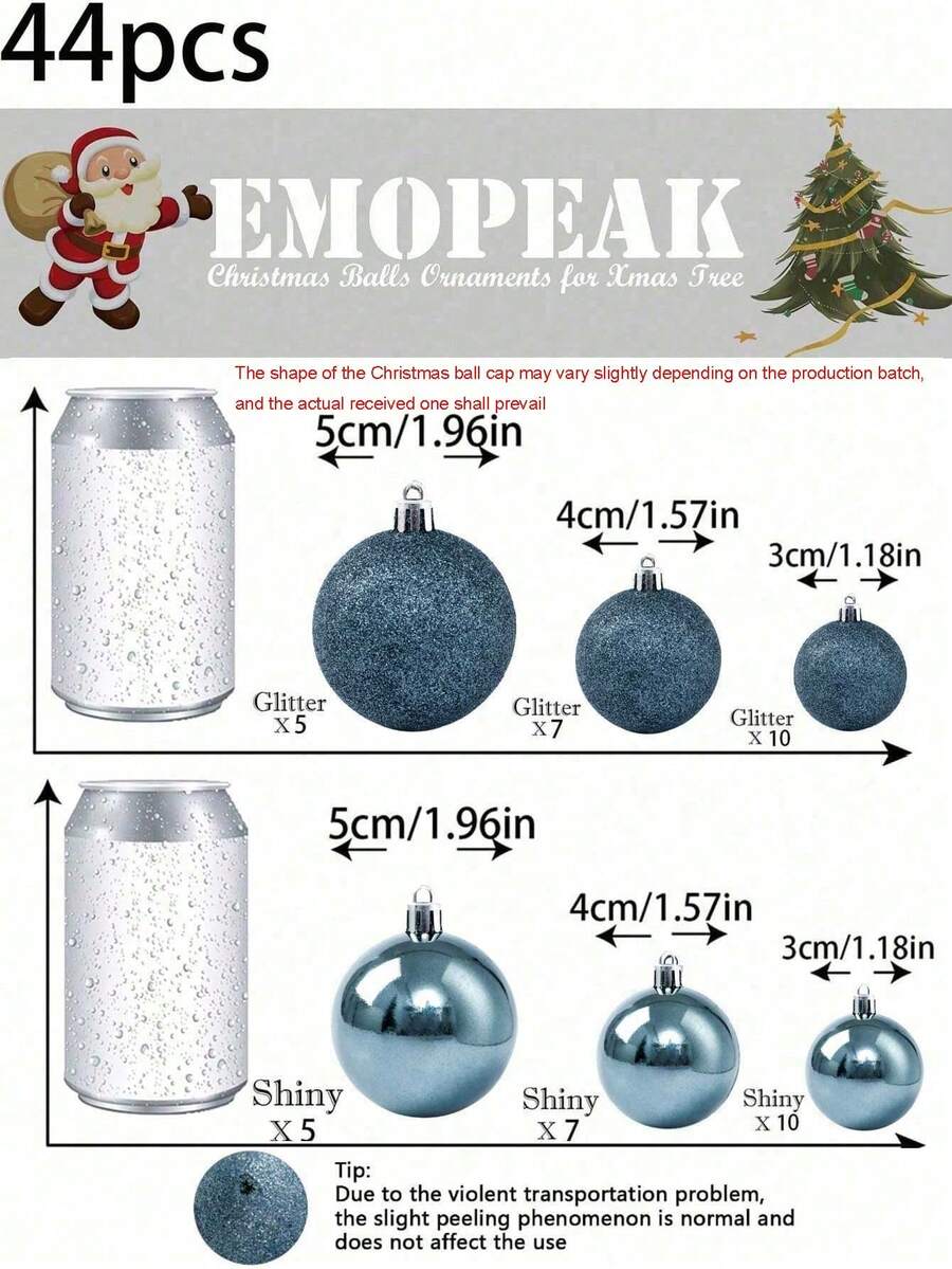 44-Piece Christmas Ball Ornament Set, Shatterproof Hanging Baubles for Christmas Tree, Wedding or Office Decor, Multi-Size Holiday Decorations