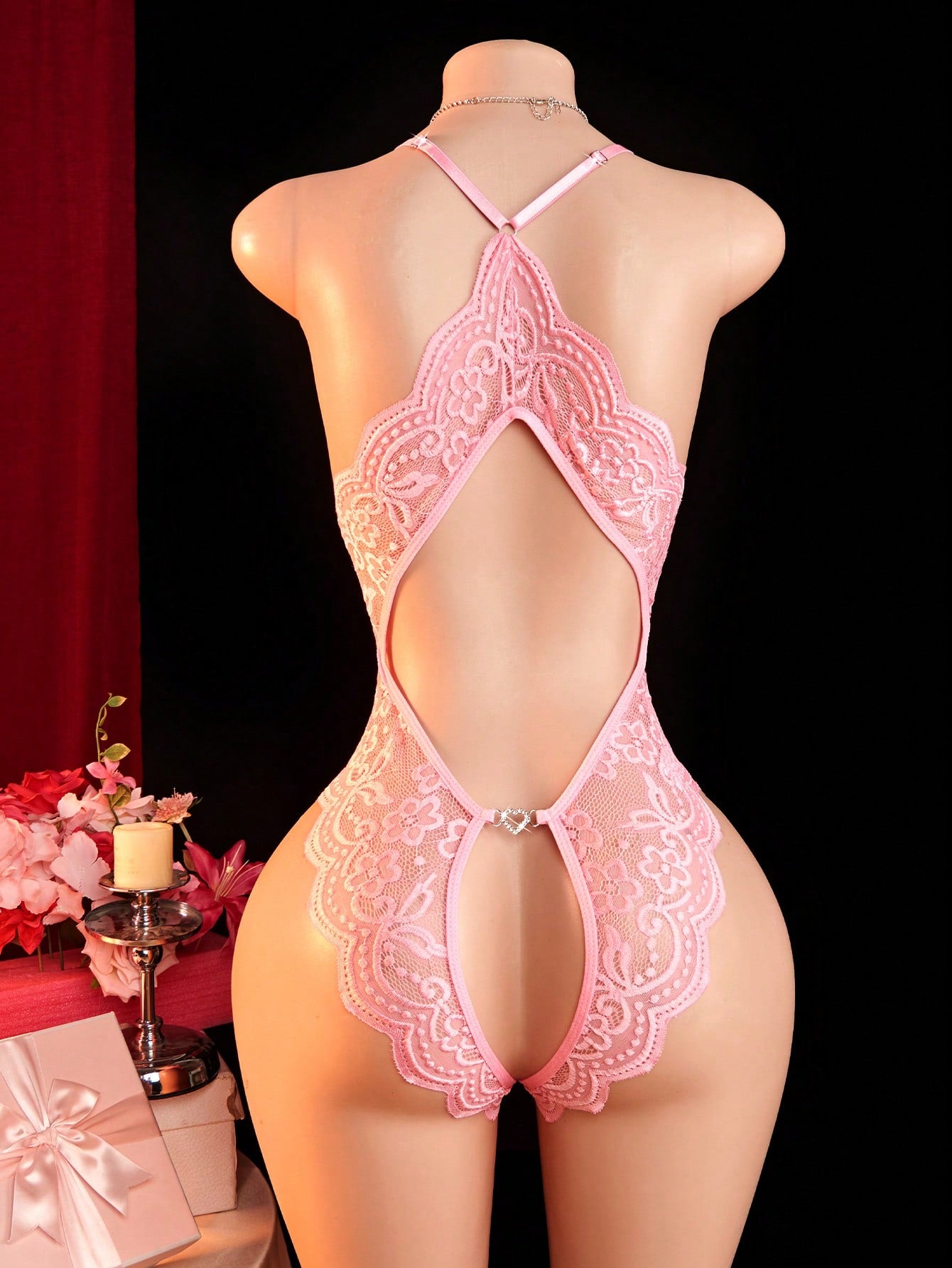Deep V Lace Backless Bodysuit, Crotchless Open Bra Erotic Lingerie & Underpants, Women's Sexy Clothing
