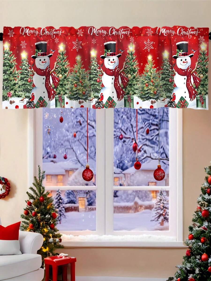 Santa Claus & Snowman Christmas Curtain Valance, 1–2 Piece Polyester Window Decor with Rod Pocket for Kitchen, Living Room or Bedroom