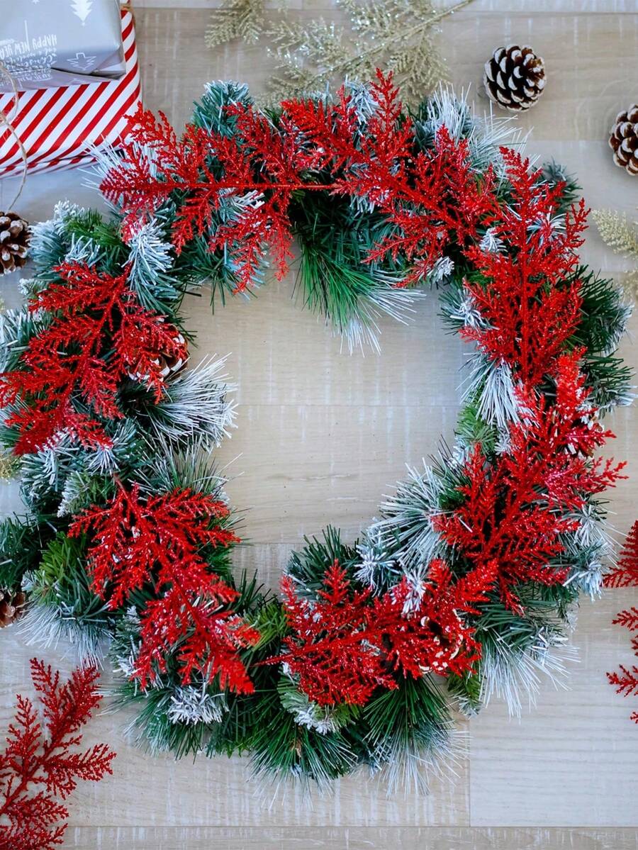 20pcs Glitter Cedar Pine Needles with Sequins, Artificial Blue and Pink Leaves for DIY Garlands, Wedding Bouquets, and Winter Holiday Home Decor