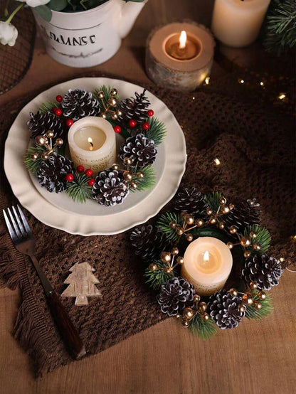 Christmas Candle Ring Holder with Red Flowers, Gold Berries & Greenery, Holiday Table Centerpiece