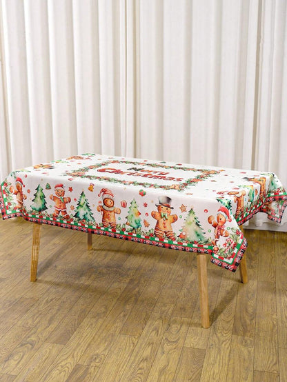 Festive Christmas Tablecloth with Snowman & Reindeer Wreath Design, Polyester Winter Table Cover for Dining Room & Kitchen Holiday Decor