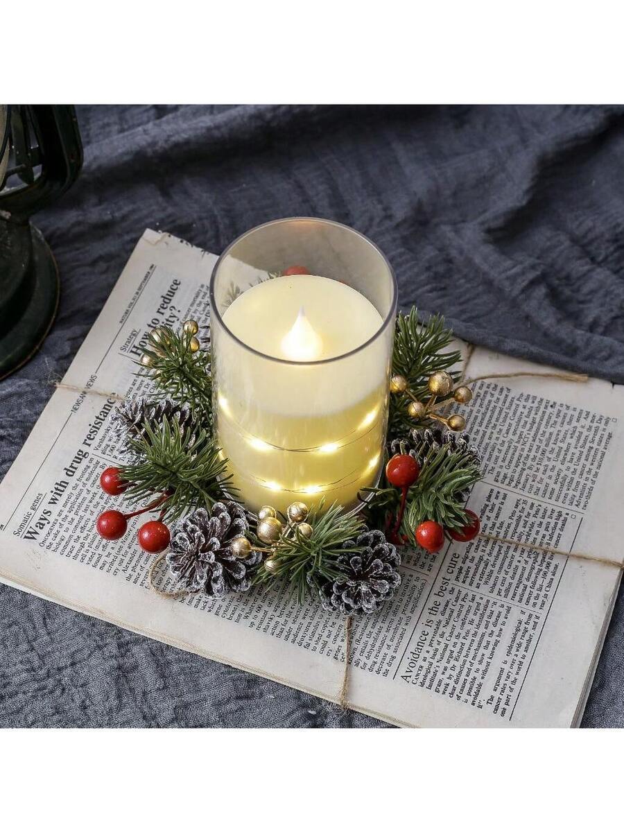 Christmas Candle Ring Holder with Red Flowers, Gold Berries & Greenery, Holiday Table Centerpiece