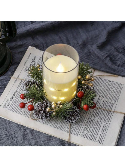 Christmas Candle Ring Holder with Red Flowers, Gold Berries & Greenery, Holiday Table Centerpiece