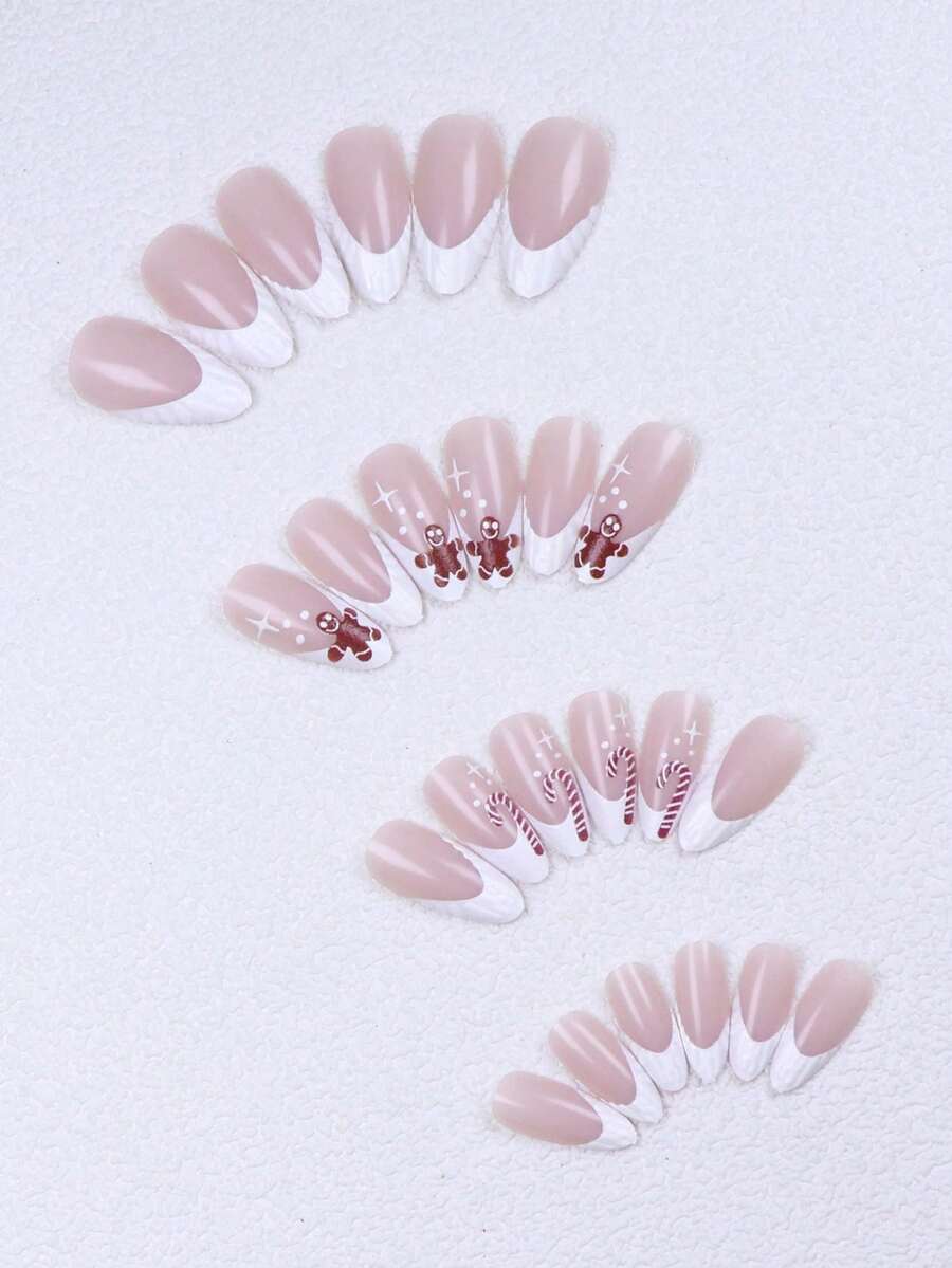 Christmas Long Almond Press On Nails 24pcs, Red French Tips With White Snowflakes And Santa Hat Design, Acrylic False Nails Set For Holiday Or Party