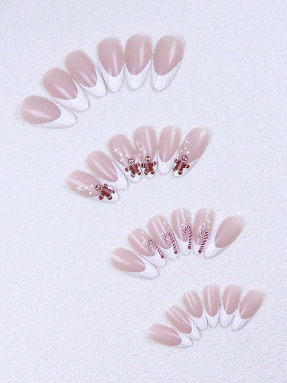 Christmas Long Almond Press On Nails 24pcs, Red French Tips With White Snowflakes And Santa Hat Design, Acrylic False Nails Set For Holiday Or Party