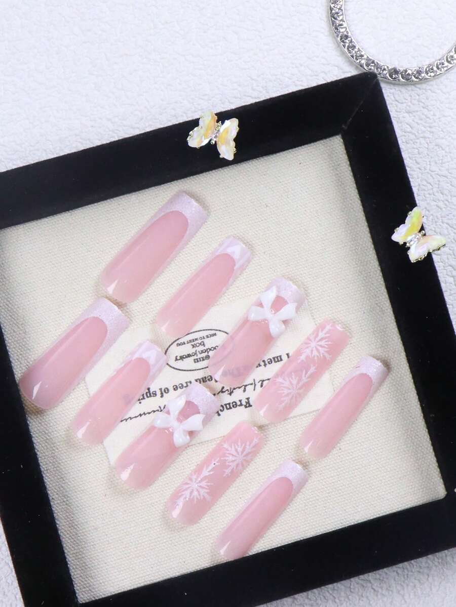 24pcs Long Ballet Christmas Press On Nails, White Snowflakes And Gingerbread Bow Design, 3D Acrylic False Nails For Women Holiday Gift